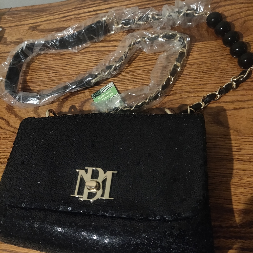 Badgley Mischka Black Sequin Women's Bag Shoulder Strap Crossbody 9" X 5"